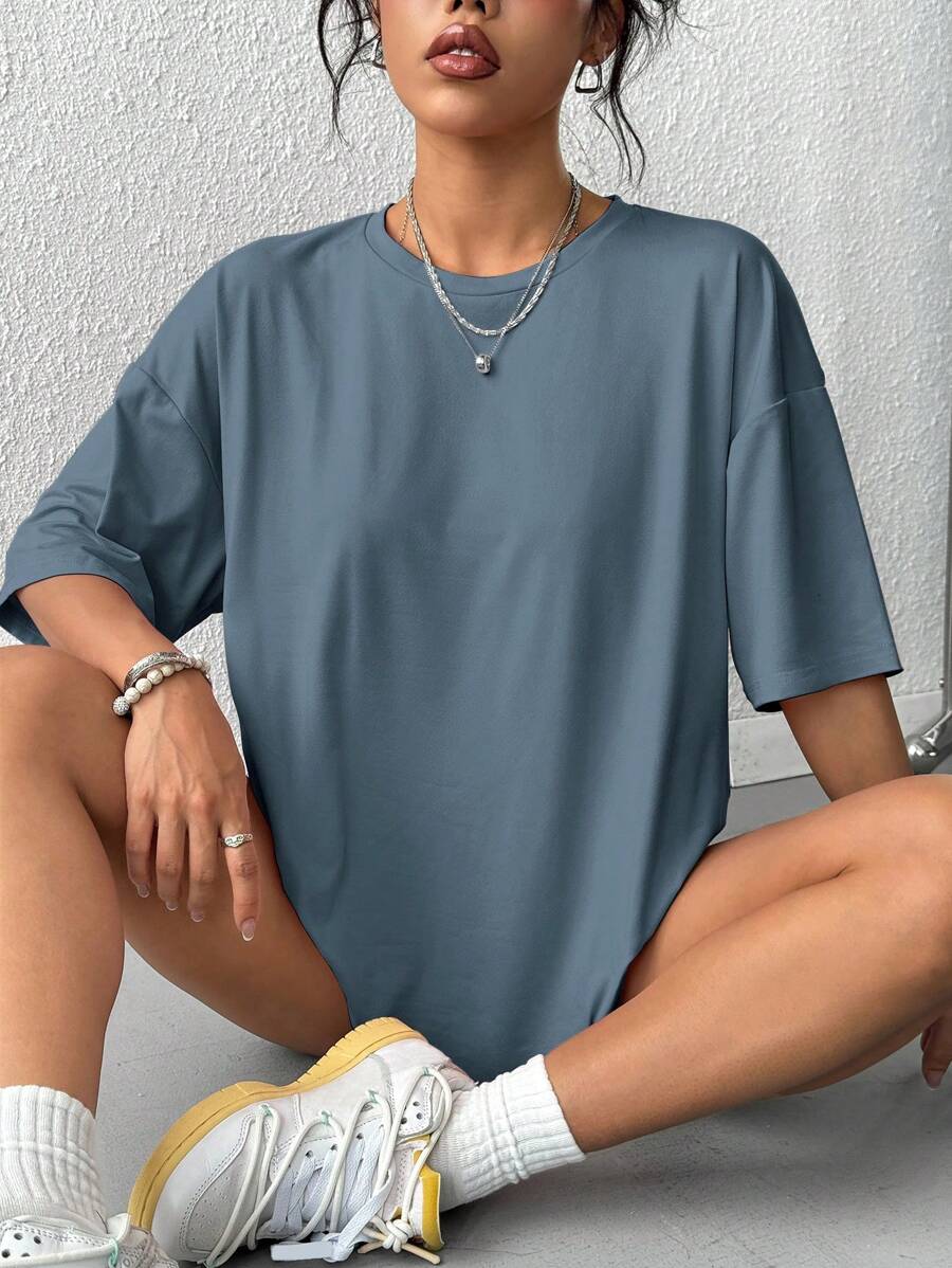 INAWLY Camiseta Holgada Con Cuello Redondo Y Hombros Caídos De Color Sólido