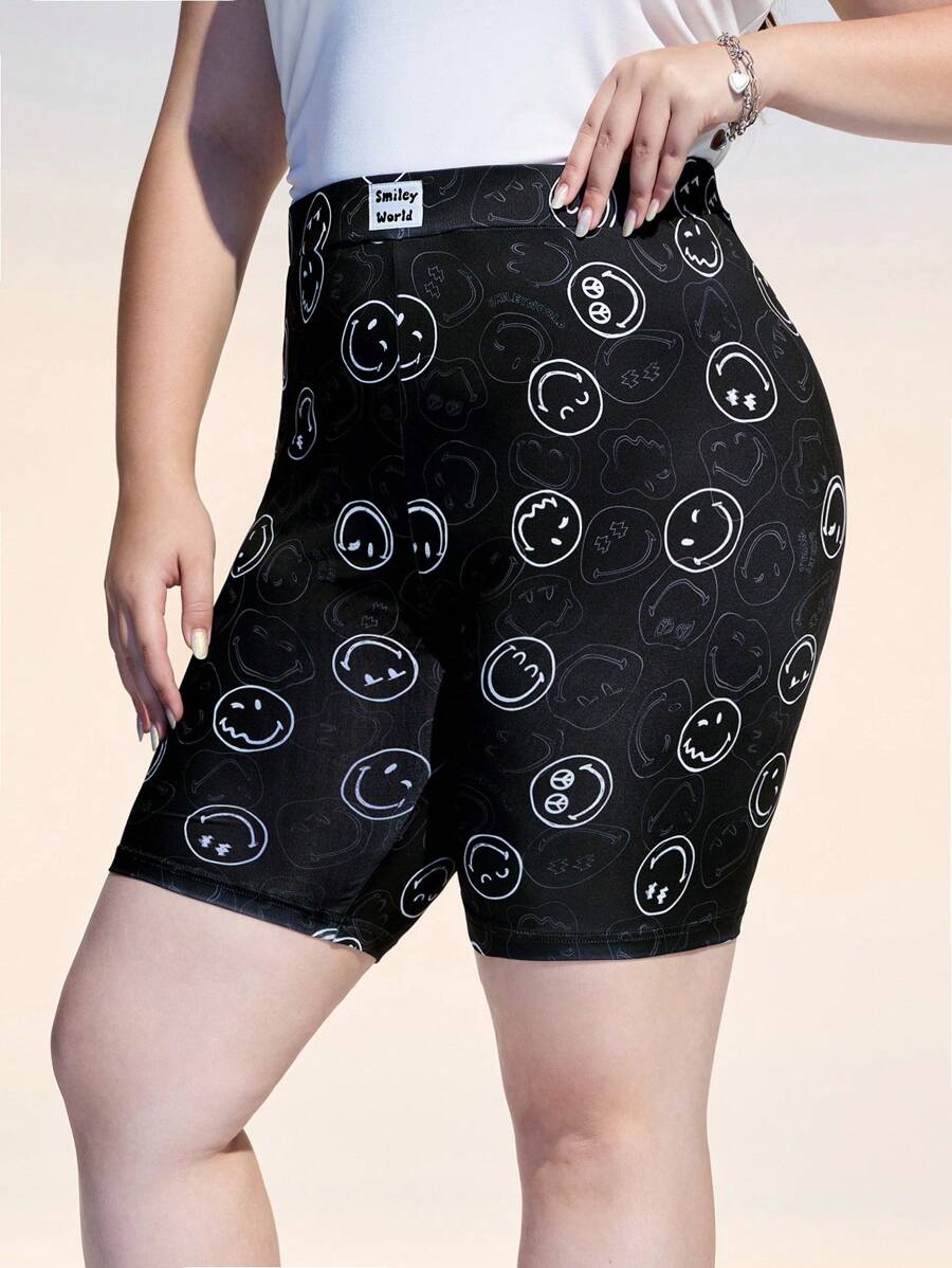 SmileyWorld® | SHEIN Plus Size Patched Smiling Face Pattern Cycling Shorts Summer / Summer Outfits For Women/ Summer Clothes Summer Pants Black Leggings Rave Outfits Festival/ Rave/Festival/ Rave Outfits/ Festival Outfits For Women/ Country Concert Outfit/ Festival Outfits/ Concert/ C Concert Outfit Women/ Concert Outfits For Women/Rave Outfit/Rave Top
