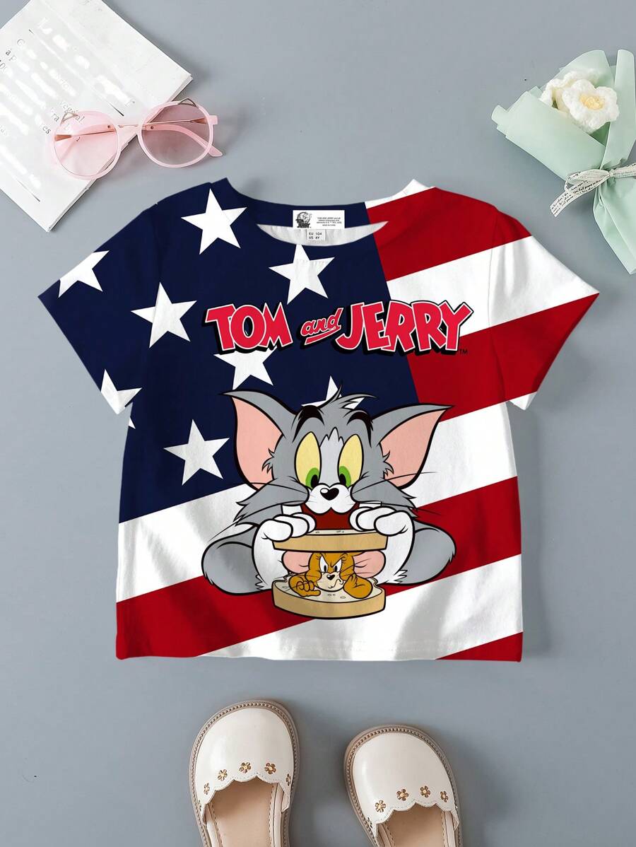 TOM & JERRY X SHEIN Young Girl Summer Casual Cartoon & American Flag Print Round Neck Short Sleeve T-Shirt For 4th Of July