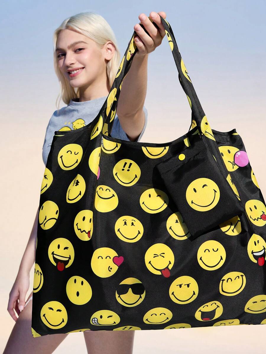 SmileyWorld® | SHEIN 1pc Cute Smiling Face Printed Polyester Foldable Shopping Bag, Tote Bag, Equipped With A Small Storage Bag With A Bead Chain, Can Be Hung On A Bag