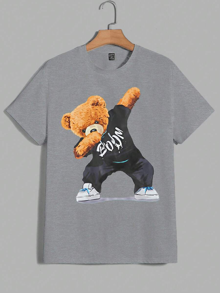 RueChic Camiseta casual de manga corta y cuello redondo con estampado de letras y oso para hombre