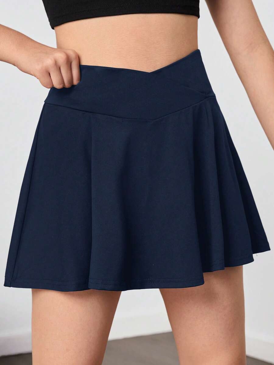 SHEIN Faldas pantalón de punto de unicolor con bolsillo oculto antirreflectante y cintura en V para adolescentes, faldas pantalón deportivas casuales
