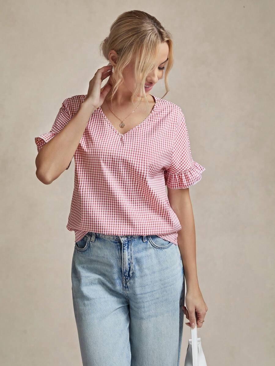 SHEIN LUNE Women's Gingham Printed Blouse With Front Tie, Ruffle Hem, Lantern Sleeve, Casual For Commuting & Outdoor Wear Summer Outfits For Women Vacation Outfits Woman Western Wear Women Boho