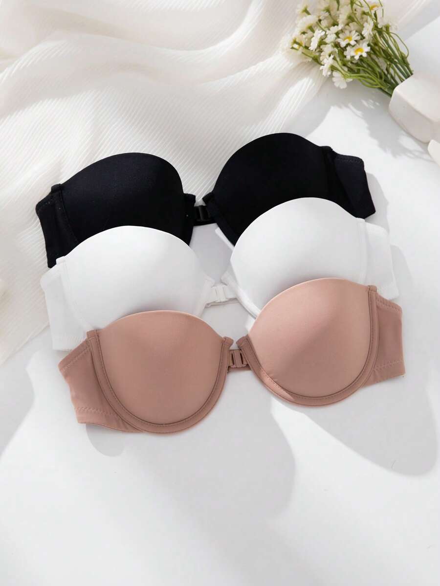 Shein Underwear&Sleepwear Basics Set de 3 sujetadores minimalistas sin tirantes sexy para mujeres, con cierre delantero tipo bustier