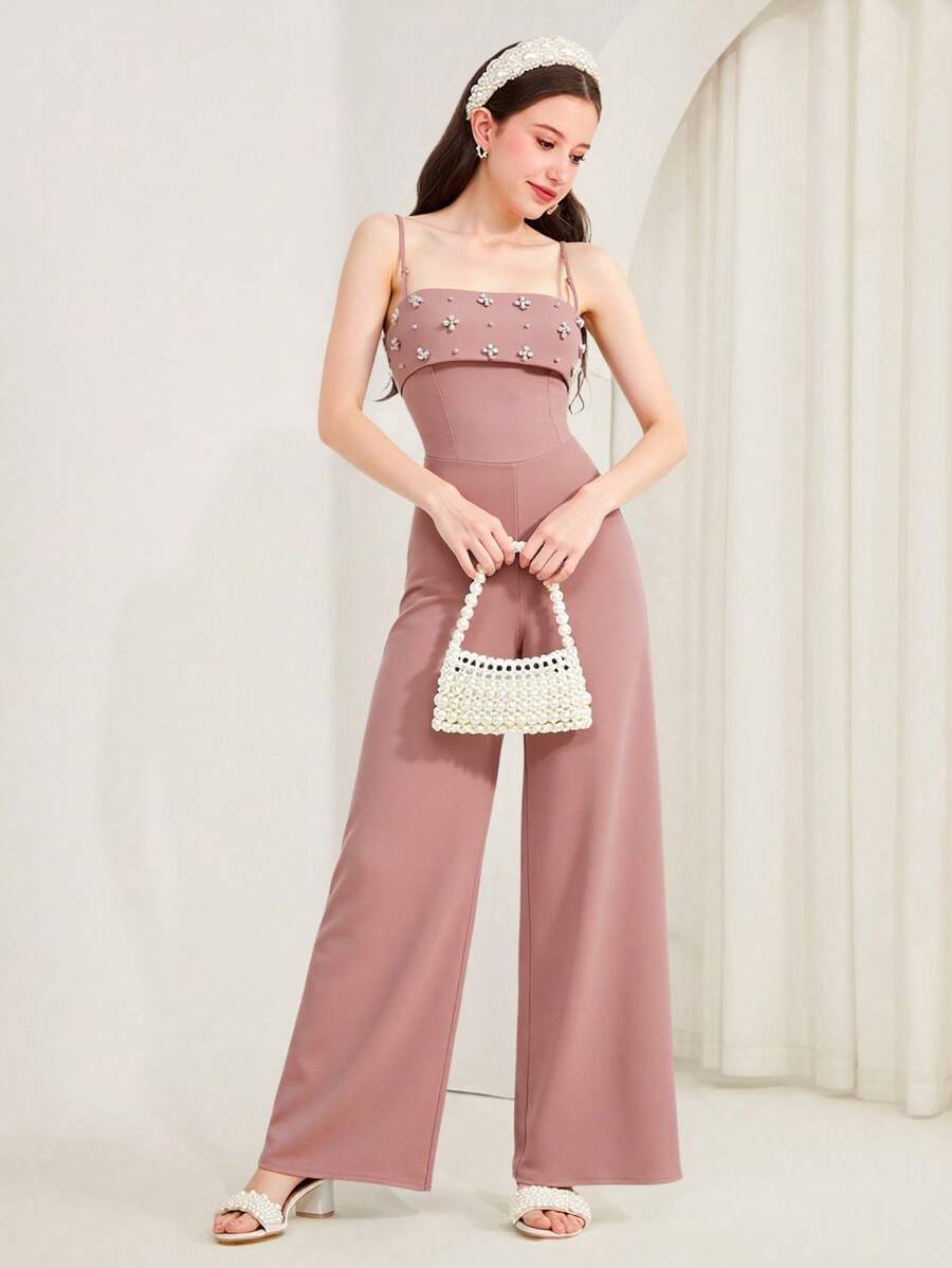SHEIN Teen Girl Elegant Pink Luxury Pearl Slim Fit Wide Leg Jumpsuit, Spring, Summer, Autumn And Winter, Jumpsuit, Thanksgiving, Homecoming, Halloween, Christmas