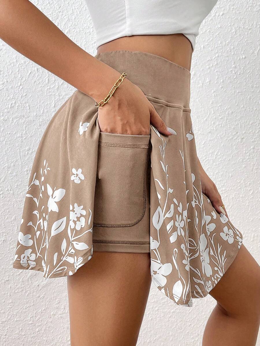 SHEIN Essnce Women's Summer Summer Outfits Casual Solid High Waist Skort With Phone Pocket Minimalist Flower Printed Shorts With Pockets Shorts Inside Out Back To School Outfits