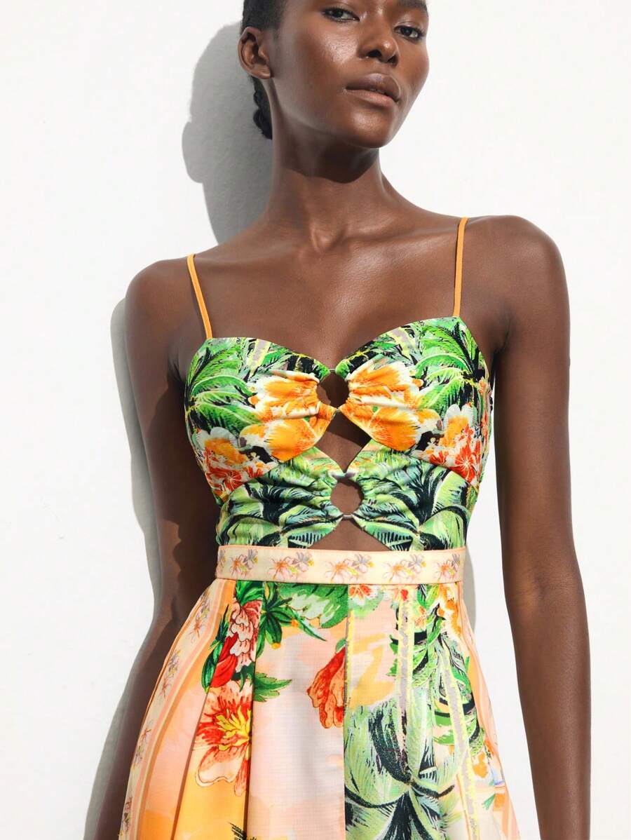 Maija Tuta da donna estiva con stampa tropicale a piante della foresta pluviale in arancione, con spalline regolabili, tasche laterali invisibili con zip, stile casual, sexy, da spiaggia, vacanza, stile hawaiano