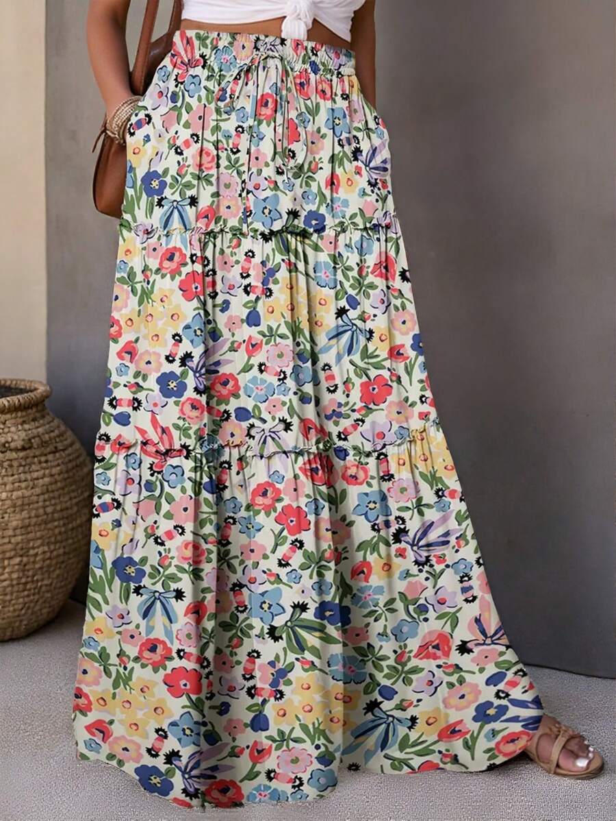 INAWLY Plus Size Floral Print Ruched Layered Pleated Skirt With Pockets (4-Way Stretch)