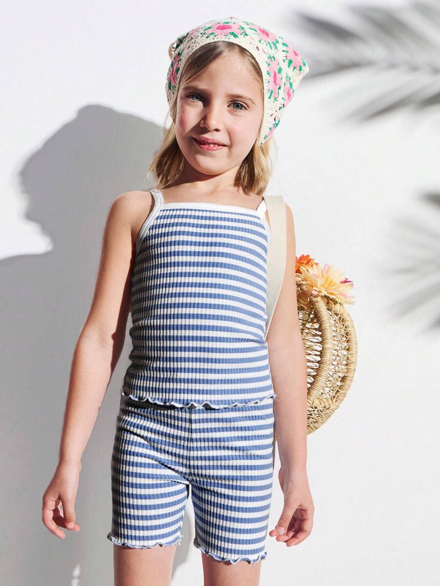 THE HAPPY LOOK Conjunto de top de camisola acanalado azul y shorts pitillo de cintura elástica para niñas jóvenes, en estilo casual y cómodo