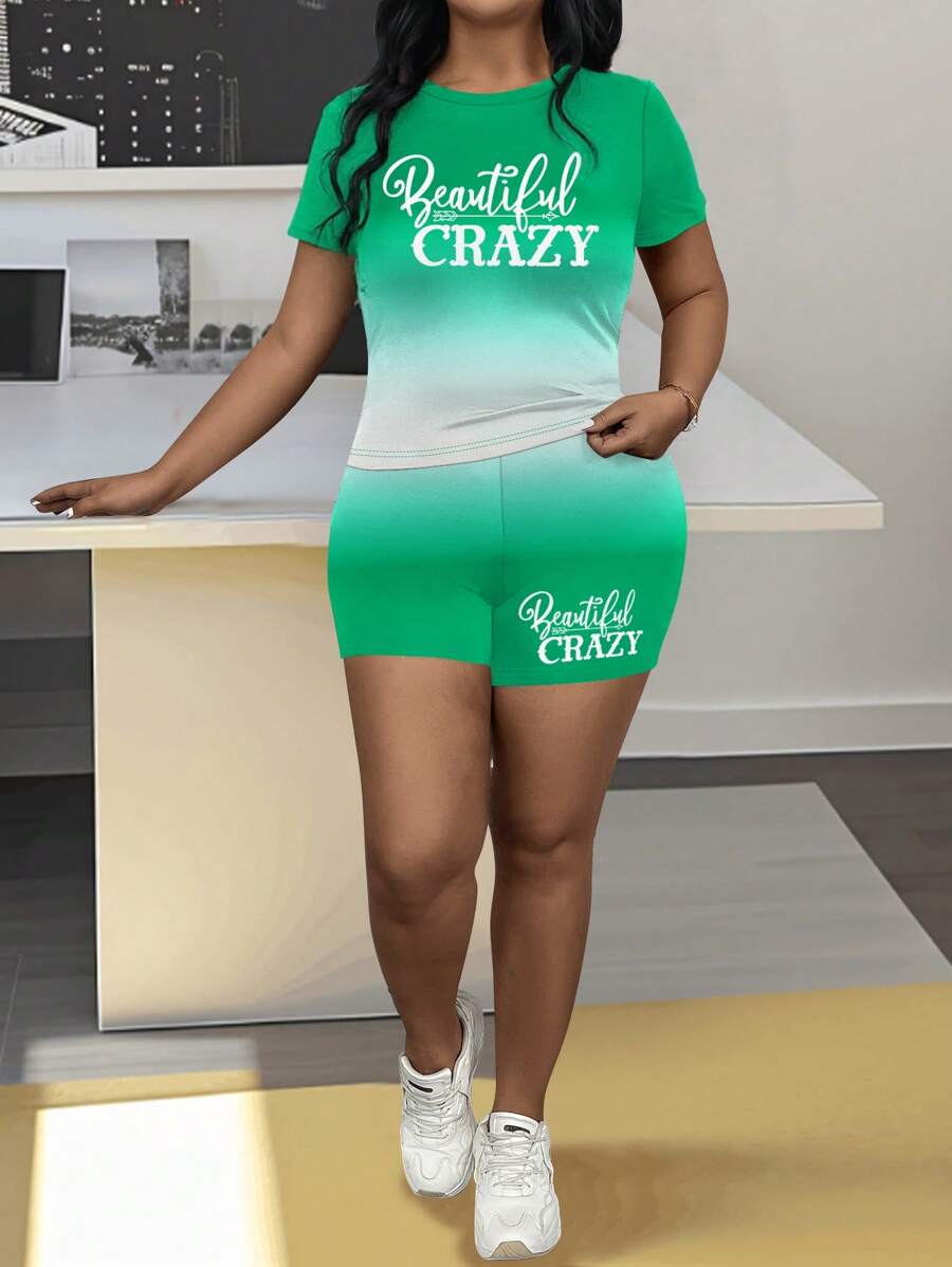 Maweii Plus Size Fashion Ombre Letter Slogan Print Women 2pcs Set: Short Sleeve T-Shirt And Shorts