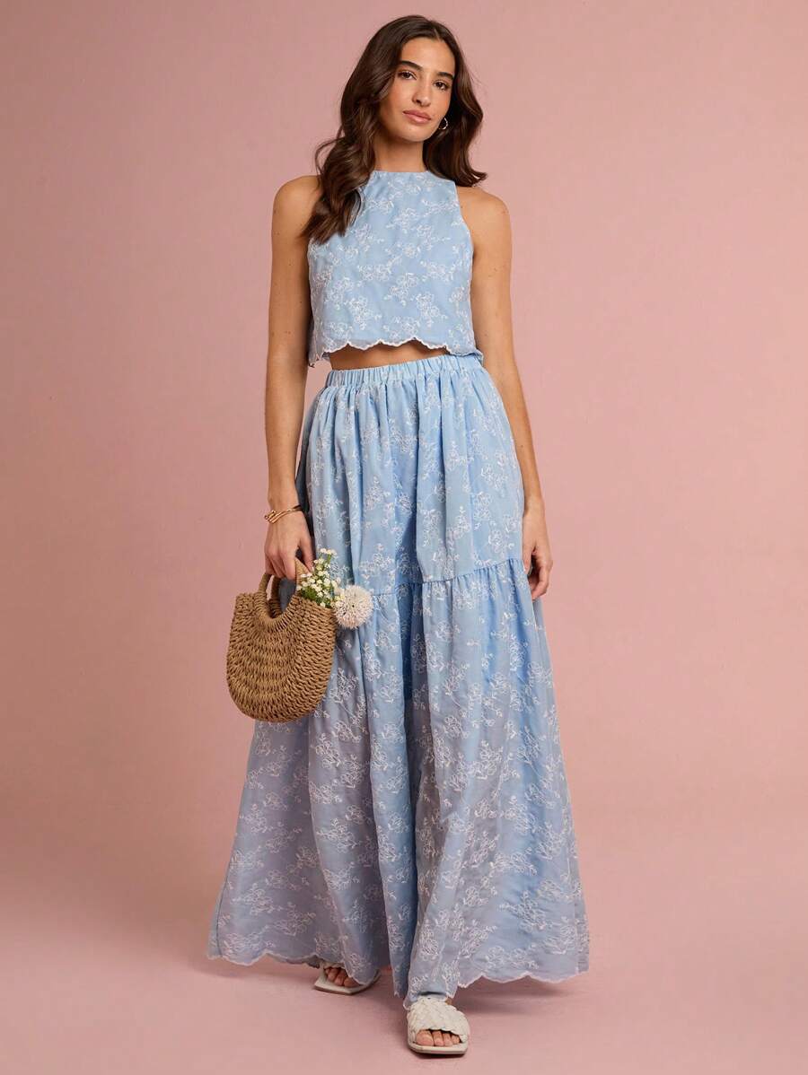 Enchnt Completo di due pezzi da donna romantico per primavera/estate, composto da un corpetto e una gonna lunga ricamati con motivi floreali in colore blu pastello, dolce ed elegante, adatto per vacanze, appuntamenti, giorni festivi, feste, lauree, matrimoni, spiaggia, outfit estivi da donna