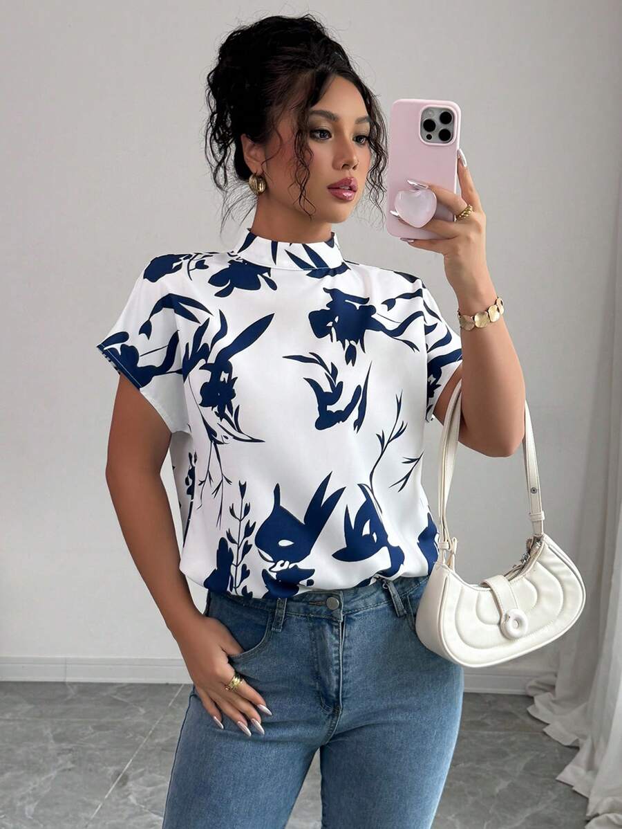 Elenzga Women's Fashion All-Over Print Half-High Collar Short Sleeve Blouse