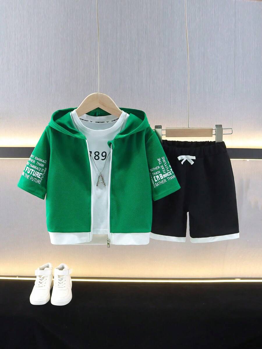 Set de 2 piezas (Sudadera con capucha deportiva informal de estilo universitario + Pantalones cortos) para niño, adecuado para uso escolar y diario, para primavera/verano