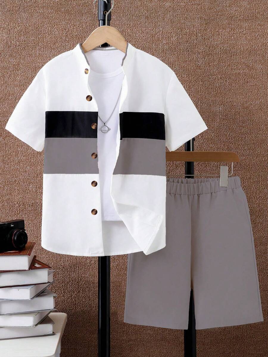 SHEIN 2pcs Boys Preppy Style Color Block Shirt And Shorts Set