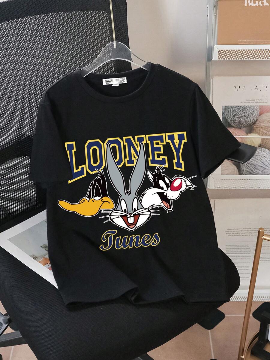 LOONEY TUNES X SHEIN Camiseta de manga corta informal con estampado de letras inglesas y gráficos de dibujos animados para niño preadolescente, cómoda para el verano