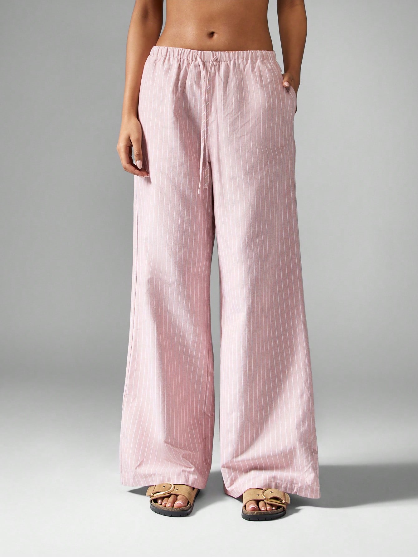 Striped Linen Feel Wide Leg Lounge Pants Summer Beach Palazzo Casual Pants Drawstring Elastic Waist Resort Vacation Wear Breathable