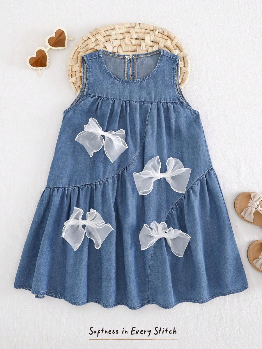 Cozy Pixies Vestido sin mangas con cuello redondo y decoración de lazo para niña joven
