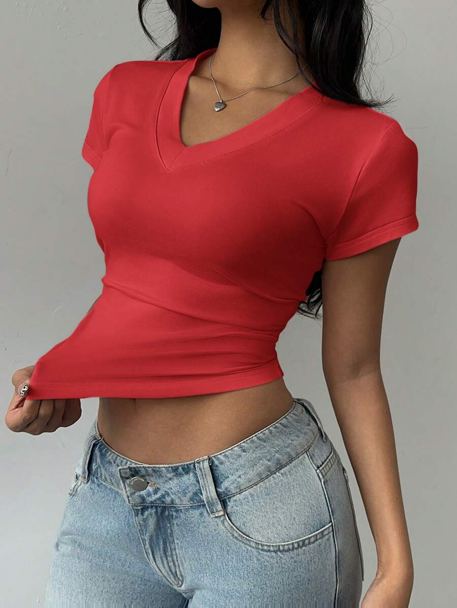 SHEIN BASICS Casual Solid Color V-Neck Short Sleeve Fitted Women T-Shirt