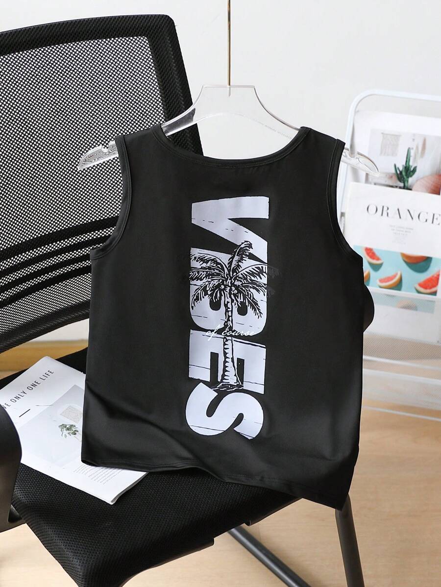 Tween Boy Palm Tree & Letter Print Crew Neck Casual Tank Top