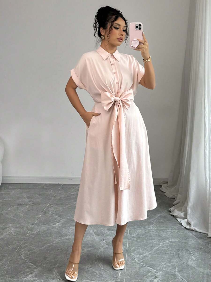 Elenzga Abito dalle linee semplici e minimal, elegante e comodo per lavoro e tempo libero, in colore unito, con cintura in vita a fiocco, chiusura lampo a metà e scollo avvolgente, adatto a occasioni casual e vacanze