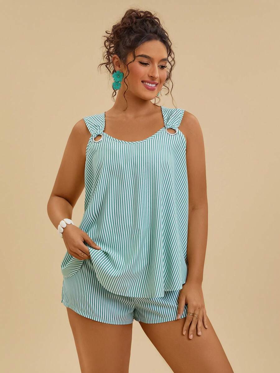 Travachic Ensemble 2 pièces grande taille pour femmes - un débardeur bleu et blanc rayé et un short, pour la plage et l'été