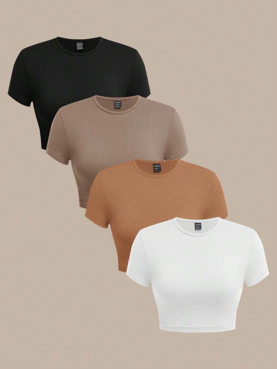 SHEIN BASICS Set de 4 camisetas básicas de corte ajustado de manga corta y cuello redondo en unicolor de punto casual para mujeres