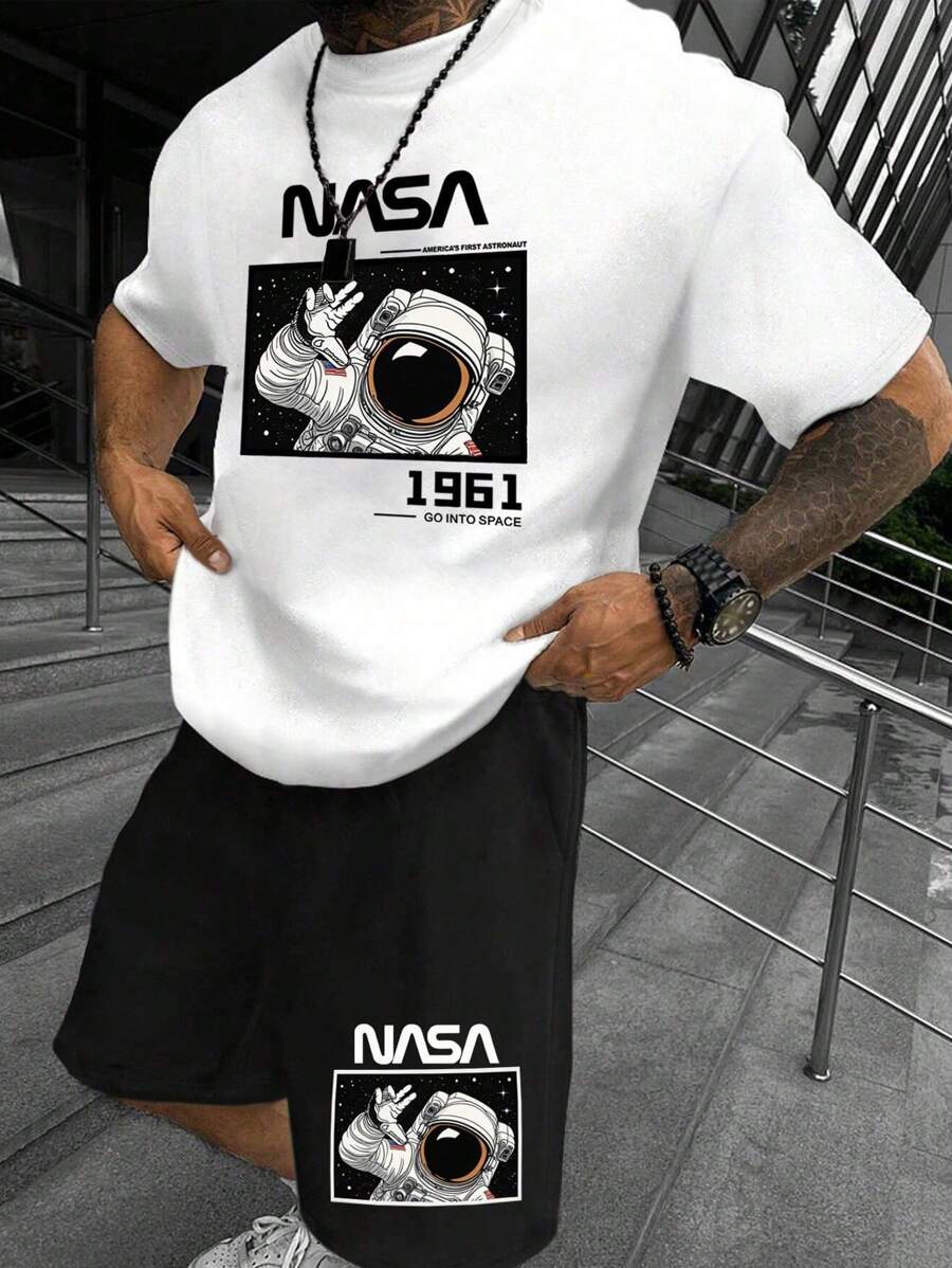 Manfinity Homme Conjunto de camiseta casual de manga corta con cuello redondo estampado con letras de astronauta y shorts para hombre para el verano
