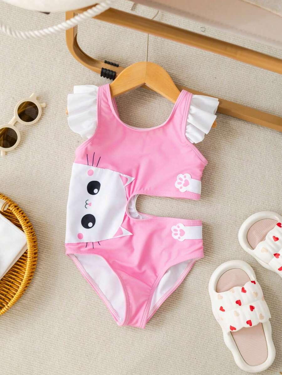 SHEIN Traje de baño de una pieza con mangas cortas y decoración de gato hueco para niñas jóvenes