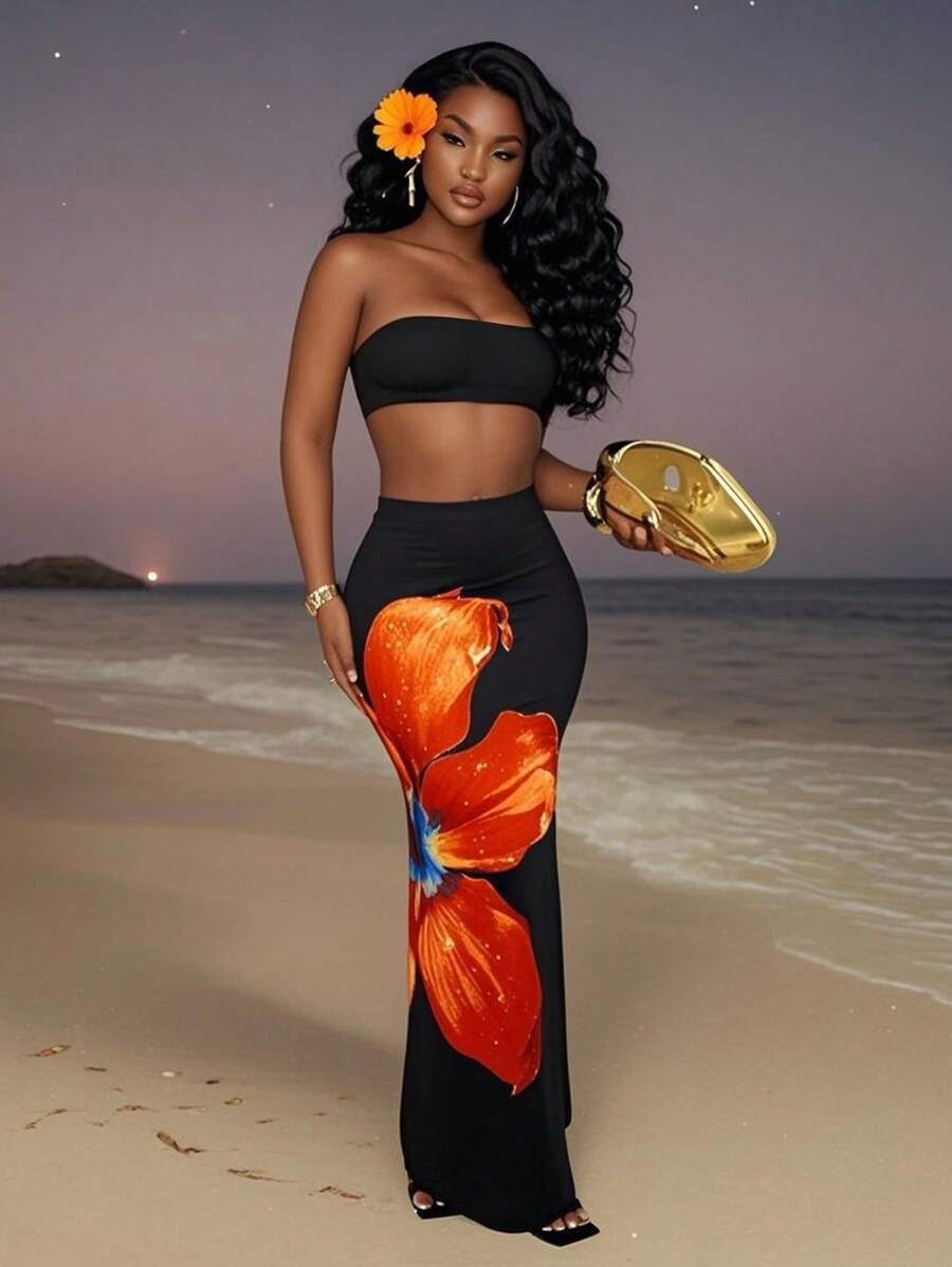 Slaydiva 2pcs 2025 New Summer Beach Holiday Everyday Sexy Cropped Tube Top + Floral Print Skirt Women Suits,Summer Sets
