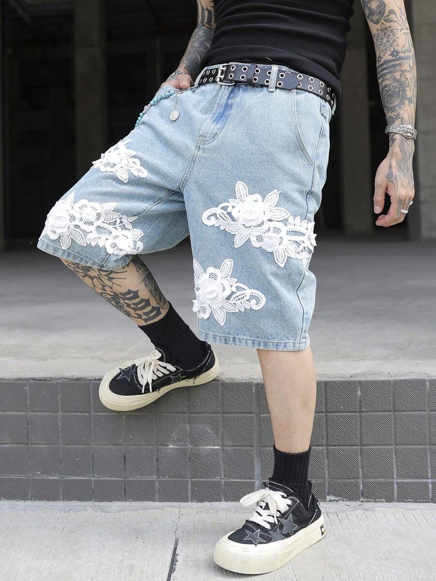 Manfinity EMRG Men's Floral Applique Pocket Casual Versatile Denim Shorts