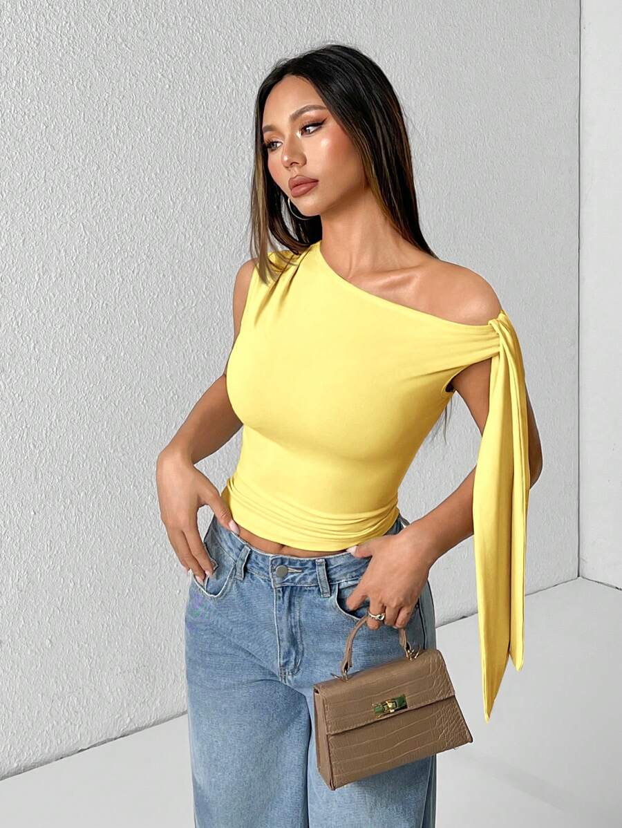 SHEIN PETITE Solid Color Asymmetrical Shoulder Tie Up Blouse, Yellow Top Fashionable Summer Item