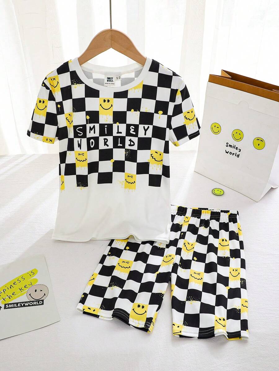 SmileyWorld® | SHEIN Tween Boy Cool Smiling Face Black & White Plaid Short Sleeve T-Shirt & Shorts Pajamas Set