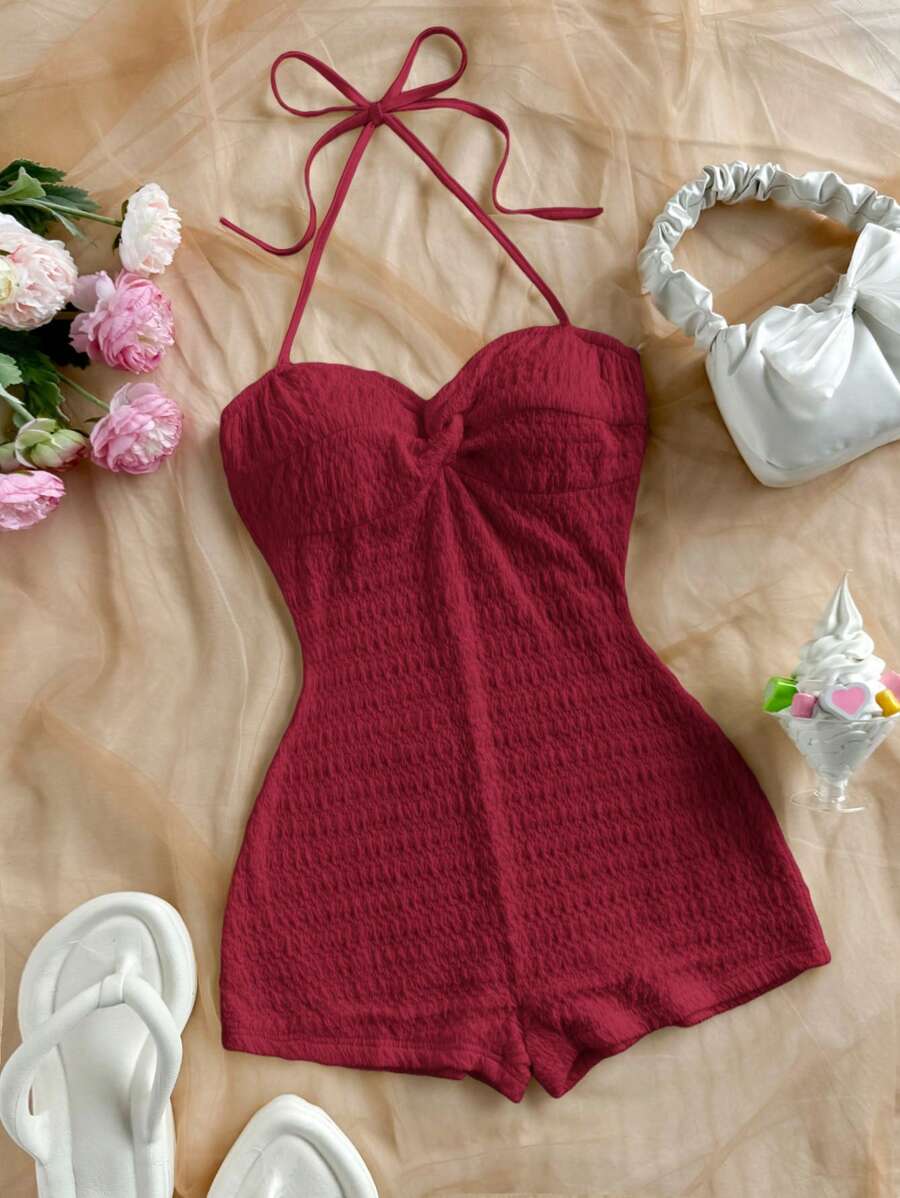 Soleia Mono ajustado con escote de halter anudado y estampado de jacquard rojo para vacaciones