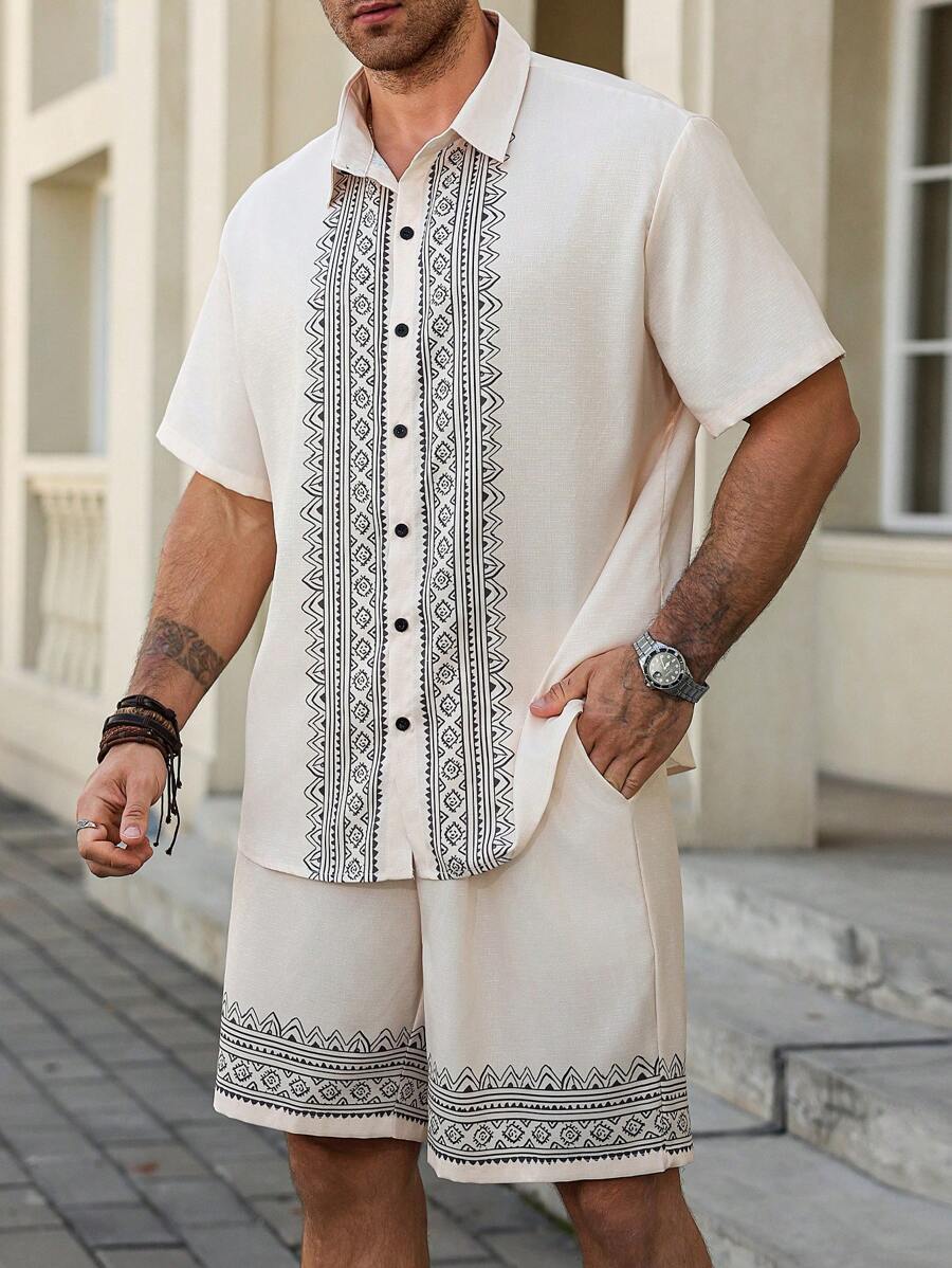 Manfinity Homme Plus Size Men's Short Sleeve Shirt And Shorts Set, Fashionable For Summer It Is Great For Couples And Makes An Excellent Gift Idea For Boyfriends Or Husbands.