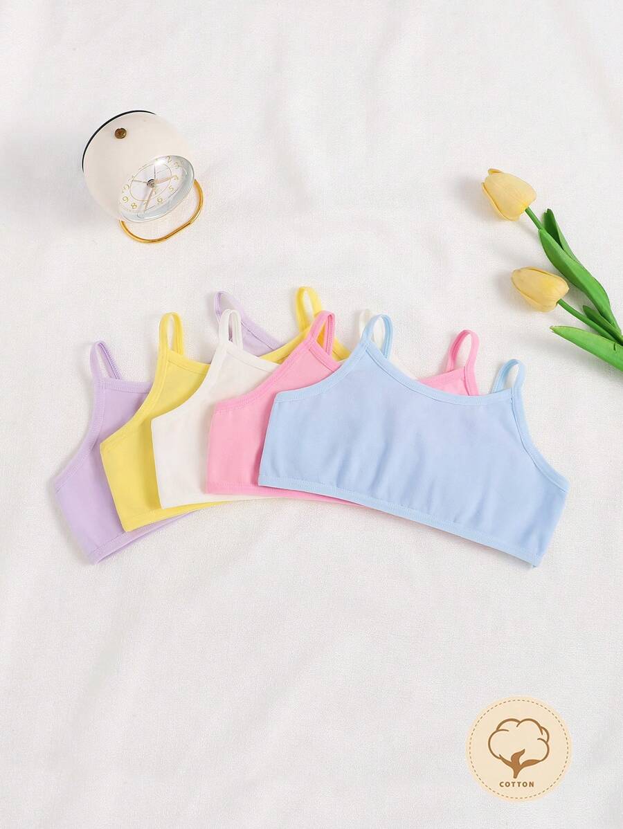 5pcs Girls' Simple & Fashion Blue, Pink, Yellow, Purple, Green Comfortable Camisole Set