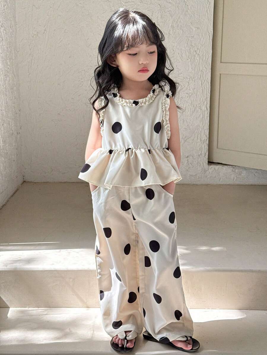Genkimix Kids 2pcs/Set Toddler Girls Casual Polka Dot Outfit, Includes Cinched Waist Vest Top And Loose Wide Leg Pants, Fashionable Summer