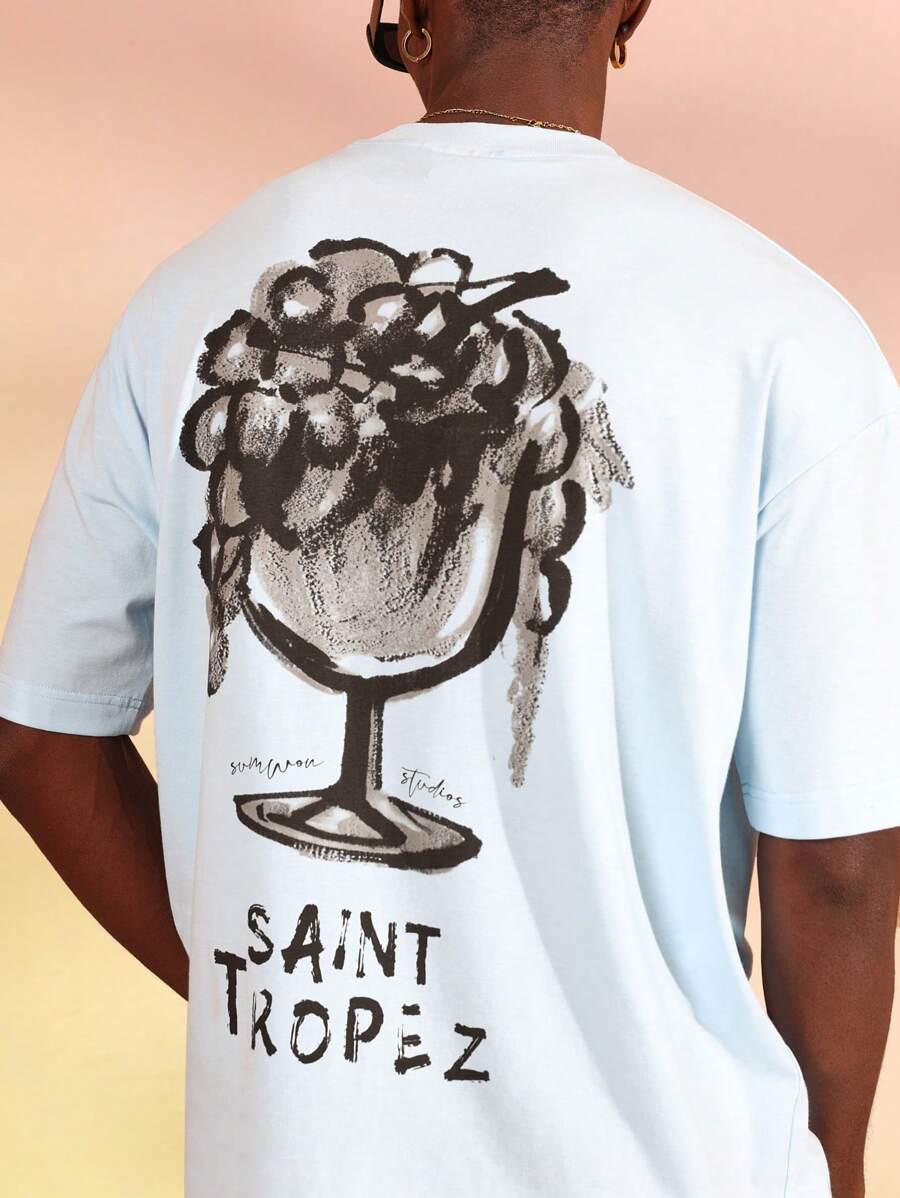 SUMWON Sumwon Studios Beach Collection Saint Tropez Graphic T-Shirt Premium Cotton Jersey Summer Casual Relaxed Fit Wine Glass Art Design Streetwear