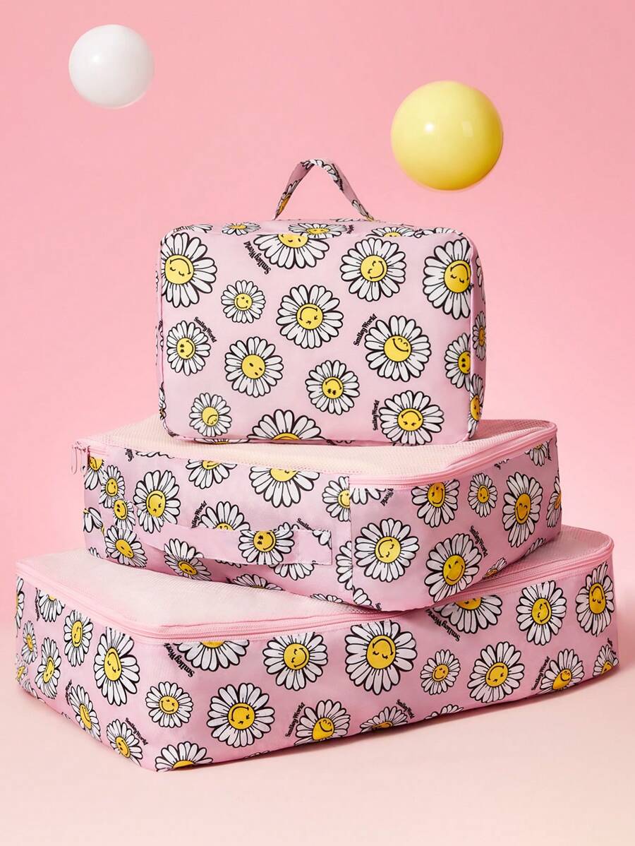 SmileyWorld® | SHEIN Cute Smiling Face Daisy Printed Polyester Travel Storage Bag, Mesh Surface, Classified Storage, Multiple Sizes To Choose From, Suitable For Various Bag Sizes, Very Suitable For Short Trips, Long Trips, Daily Home Storage And Other Scenarios, Suitable For Boys, Girls, Men, Women And Students