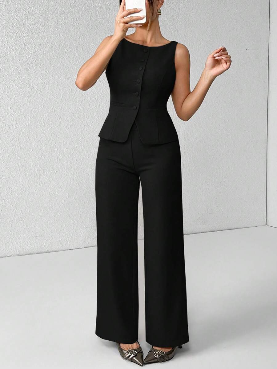 SHEIN EZwear Damen Kostüm in Große Größen mit schwarzer Weste und Hose