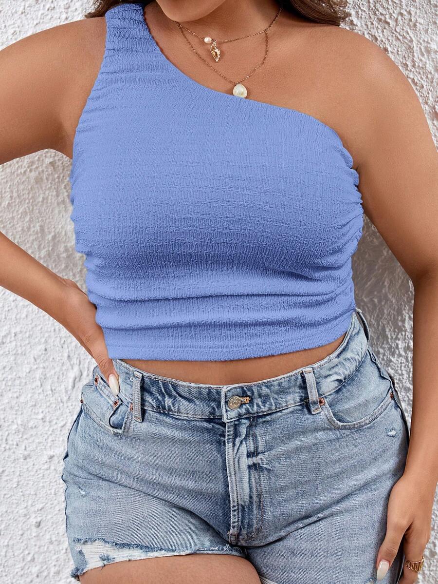 SHEIN VCAY Top de vacaciones de mujer talla grande de unicolor sin mangas, fruncido y con estilo slim