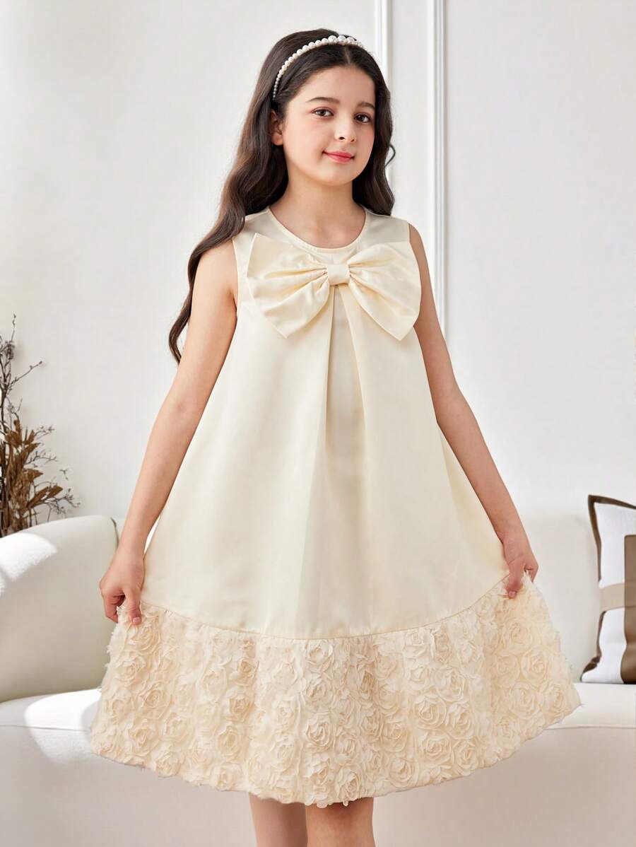 Tween Girl 3D Flower Patchwork Big Bow Decor Round Neck Sleeveless A-Line Dress