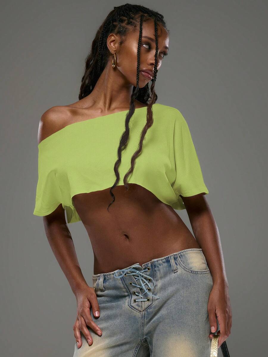 MUSERA Camiseta de mujer con cuello asimétrico, corta y oversize, en estilo callejero tipo Ibiza, sexy para vacaciones
