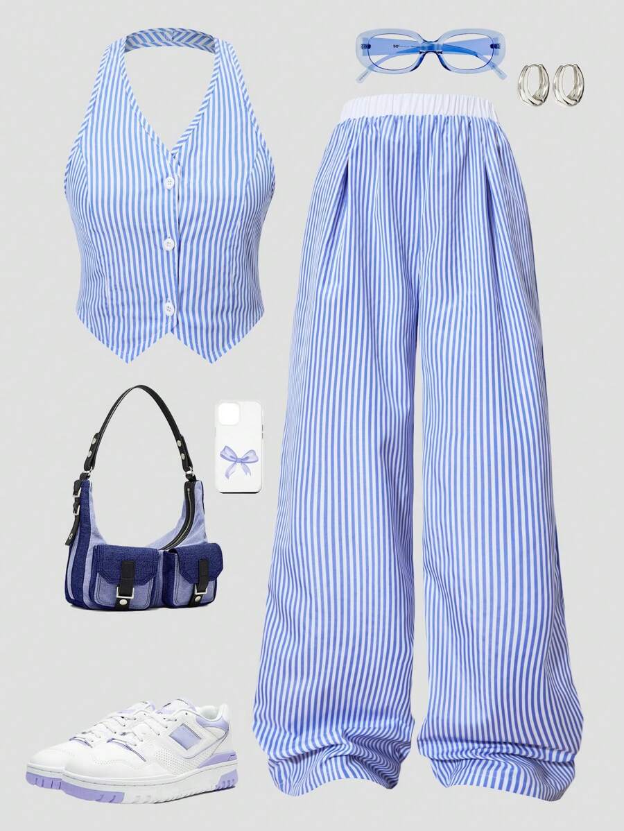 2 pièces Ensemble de gilet sans manches rayé & pantalon large rayé pour adolescente, tenue décontractée légère pour le bureau et le port quotidien, été