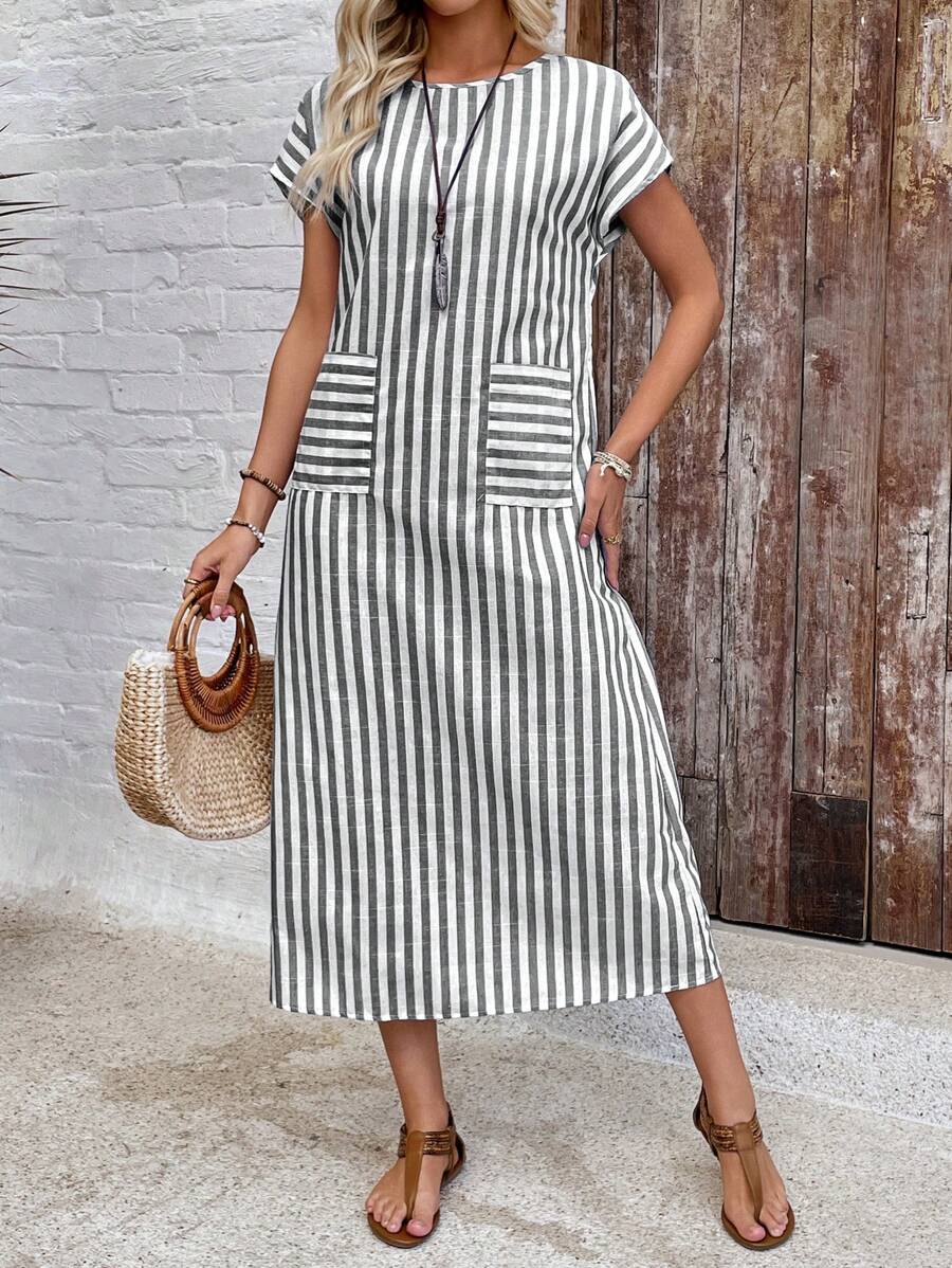 EMERY ROSE Women's Long Striped Dress With Short Sleeves, Fashionable And Suitable For Summer,Dresses For Women Summer