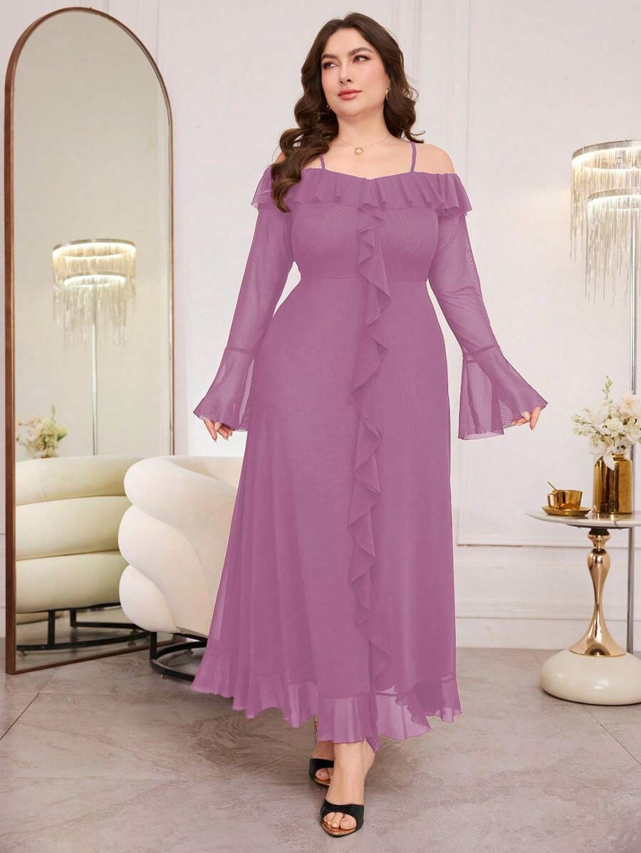 Modelyn Plus Size Women's Off-Shoulder Long Sleeve Flare Waist Ruffled Mesh Elegant Dress