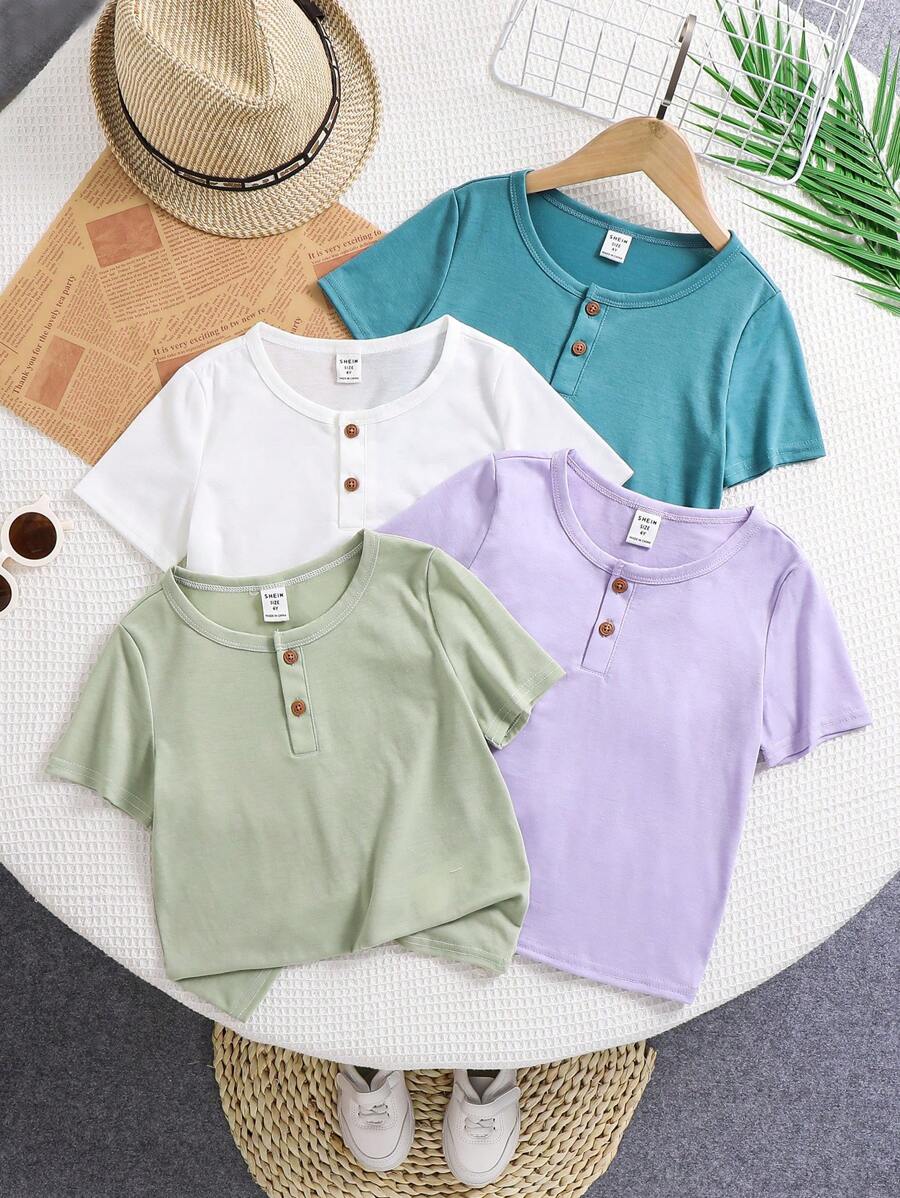 Conjunto de 4 piezas de ropa para niños pequeños, estilo casual y cómodo, tela suave y texturizada, detalles de grano de madera, camisetas polo de manga corta, 4 colores diferentes, adecuado para casual, exterior, escuela, primavera/verano
