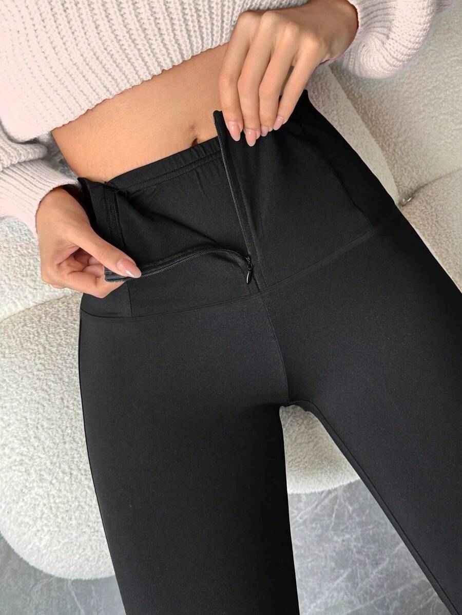 Firerie Plus Size Casual High Waist Elastische Zwarte Flared Broek Met Ritszak, Geschikt Voor Lente, Zomer, Herfst, Dagelijks Woon-werkverkeer En Sport