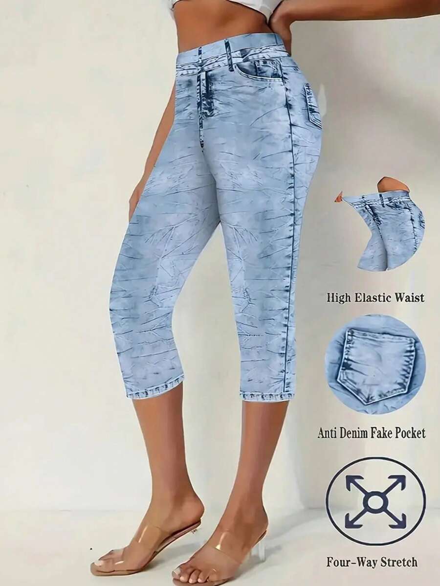 EMERY ROSE Women's Denim Effect Print Casual Fashionable 7/8 Length Leggings