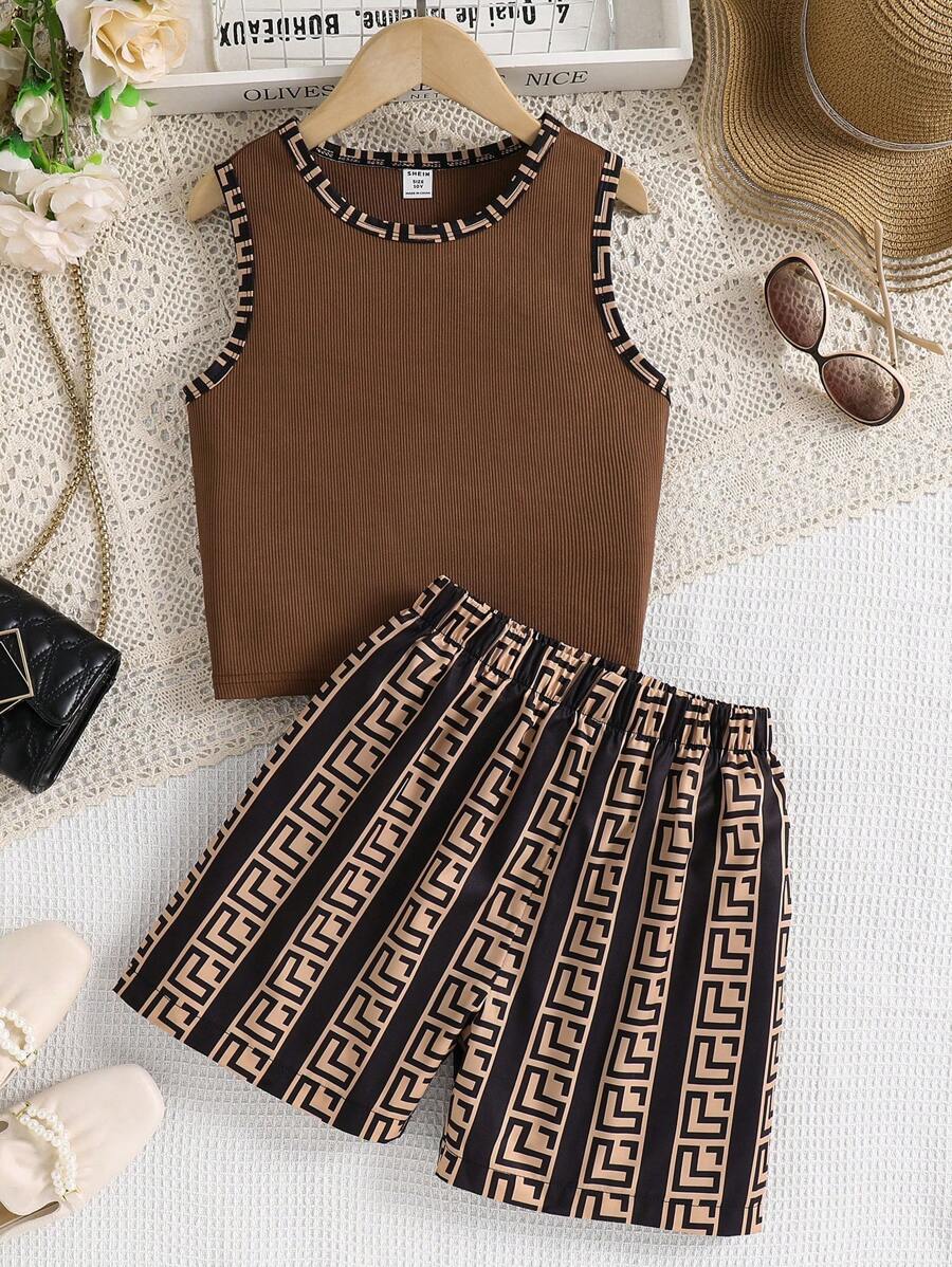 Conjunto casual de 2 piezas para niñas, top ajustado de tirantes con cuello redondo y shorts con cintura elástica y estampado geométrico, para verano