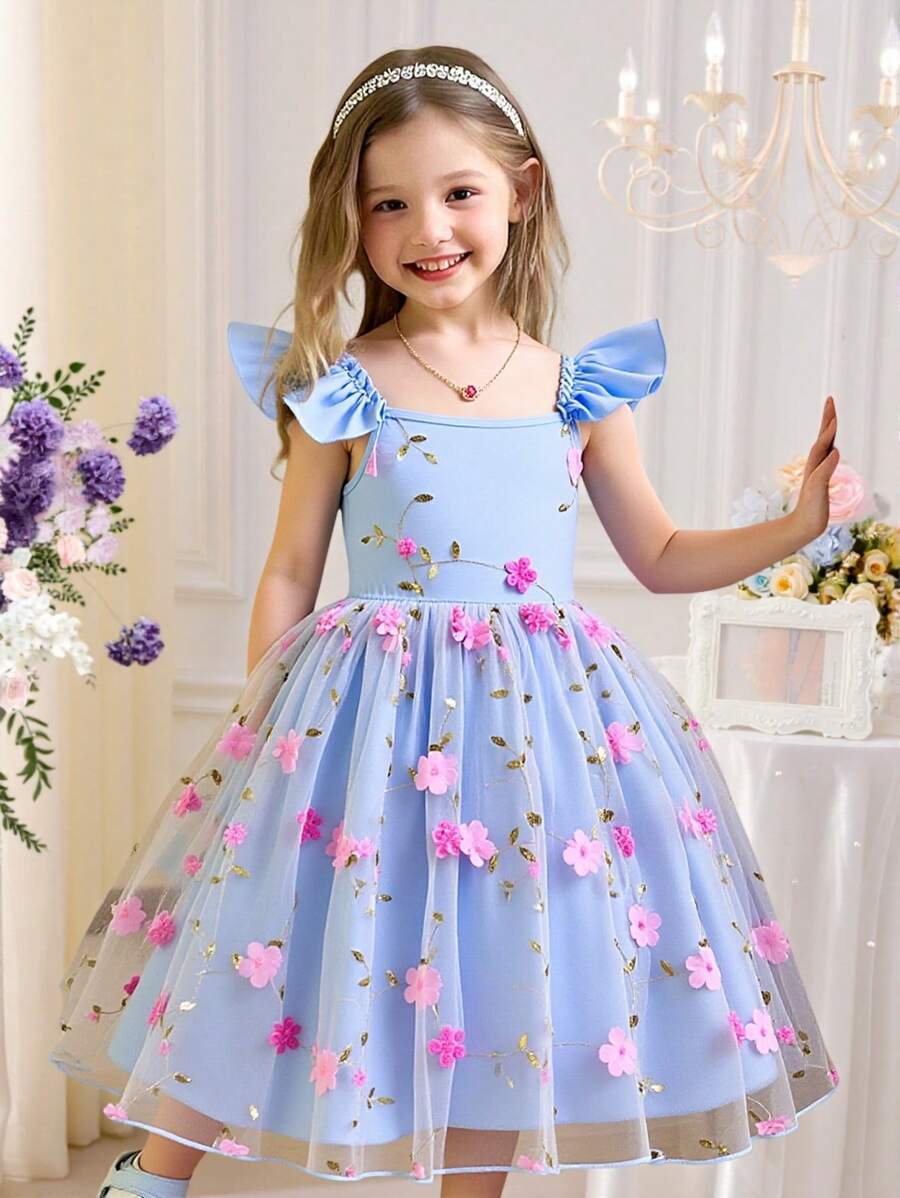 SHEIN Glamorique Kids Rochie de petrecere prințesă cu ochiuri de plasă brodate cu mâneci cu volane cu bretele spaghete elegante pentru fete, potrivită pentru sărbători, petreceri, zile de naștere, vacanțe, vară